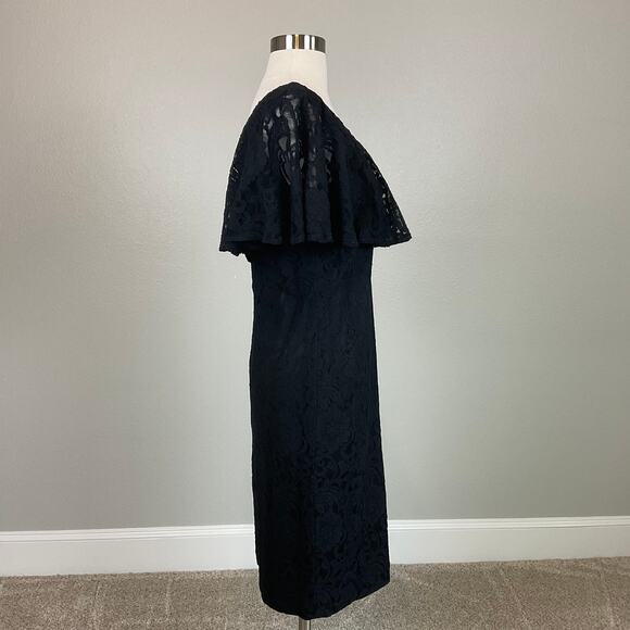Ralph Lauren Black Lace Cocktail Dress Size 8 Ruffled V-Neck Short Sleeve Sheath - Picture 3 of 12